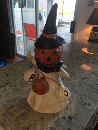 Halloween Vintage Paper Mache Style Resin Jack - O - Lantern Pumpkin Head Witch Boo