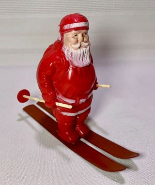 Vintage Irwin Celluloid Santa Claus On Metal Skis Made In U.  S.  A.