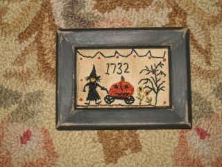 Primitive Tiny Sampler 1732 Witch Pulls Pumpkin In Cart Early Folk Art Halloween