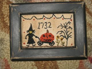 Primitive tiny Sampler 1732 Witch Pulls Pumpkin In Cart Early Folk Art HaLLoWeeN 3