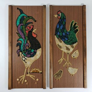Rooster And Hen With Chicks Gravel Art 1960s