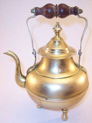 Vintage Small Brass Footed Teapot Kettle With Wooden Handle