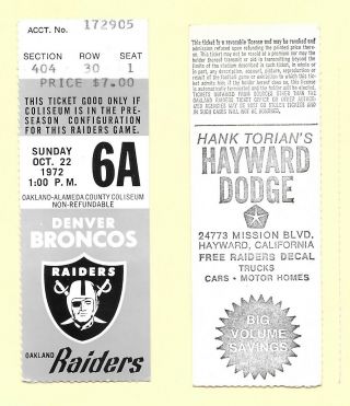 1972 Oakland Raiders Vs Denver Broncos Ticket Stub At The Oakland Coliseum