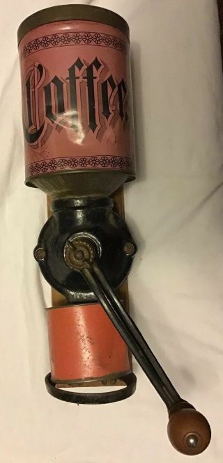 Rare Antique Metal Wall Mount Coffee Grinder Great Graphics On Tin Cup
