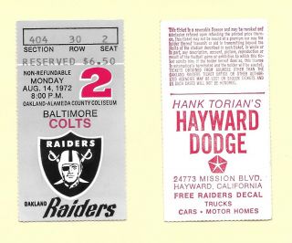 1972 Oakland Raiders Vs Baltimore Colts Ticket Stub At The Oakland Coliseum