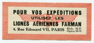 Very Early Airmail Label.  French Airline Lignes Aeriennes Farman