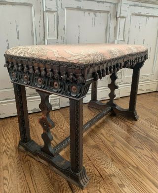Antique Vintage Victorian Wood Handcrafted Vanity Bench Stool Upholstered