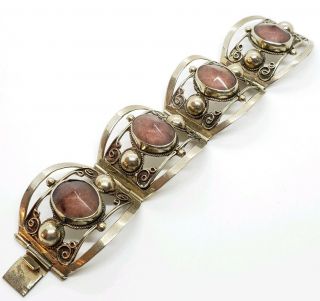 Chunky Vintage Signed 925 Sterling Silver Mexico Pink Art Glass Link Bracelet