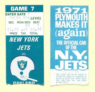 1970 Oakland Raiders Vs York Jets Ticket Stub At Shea Stadium Ny
