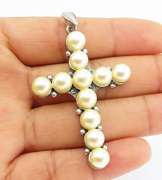 925 Sterling Silver - Vintage Freshwater Pearls Religious Cross Pendant - P8171