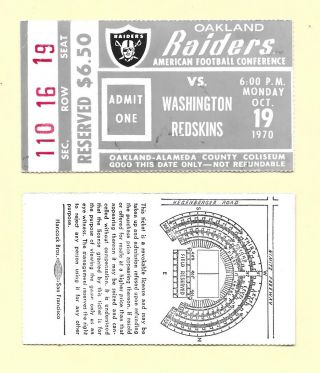 1970 Oakland Raiders Vs Washington Redskins Ticket Stub At The Oakland Coliseum