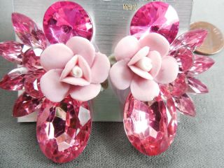 Vintage Nos Pr Gorgeous 80s 2 " Pink Fuschia Glass Porcelain Clip Earrings D4