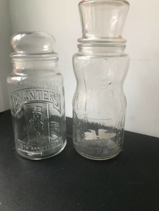 2 Vintage Planters Mr Peanut Glass Jar With Lids 75th Anniversary 1991 & 1981