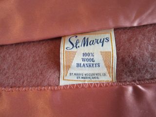Vintage St.  Mary ' s Wool Blanket Satin Trim Dusty Rose Pink Mid Century USA 2