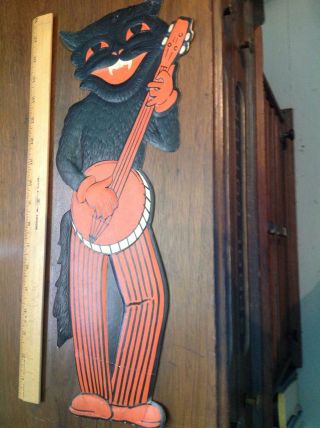 Xl Vintage Diecut Black Cat W/banjo Band Member 1940s Beistle/he Luhrs Halloween