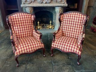Pair Vintage Miniature Dollhouse Artisan Heatherbee Chairs Red White Checked