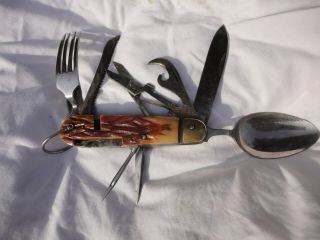 Vintage Multi - Tool Hunting Camping Knife - Real Horn Handle -