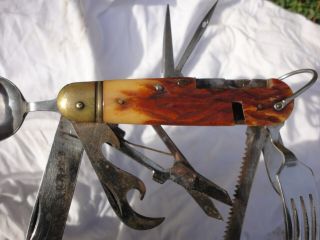 VINTAGE MULTI - TOOL HUNTING CAMPING KNIFE - REAL HORN HANDLE - 2