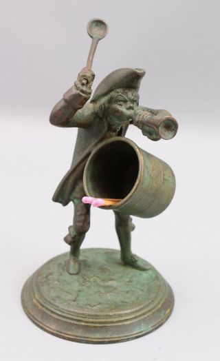 Antique Figural Bronze Match Holder Revolutionary War Soldier W/ Drum Horn Spoon