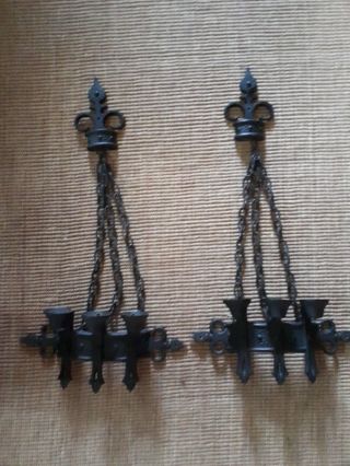 Vintage Pair Sexton Gothic Style Wall Sconce Candle Lighting Cast Metal Chain