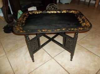 Vintage Black Metal Tray Coffee Table Toleware Folding Wooden Base Stand Asian