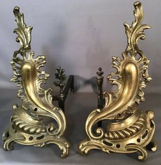 Pair (2) Antique French Bronze Old Louis Xvi Style Fireplace Victorian Andirons