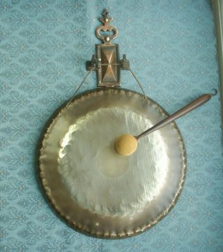 Old Antique Large Wall Hanging Brass And Wooden Loud Dinner Gong C.  1910 Quality