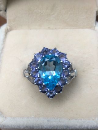 Vintage Large Blue Topaz & Amethyst Sterling Silver Ring Size 7.  75