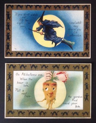Vintage Halloween Postcards (2) Series 142 - Witch,  Root Veg With Great Cat Border