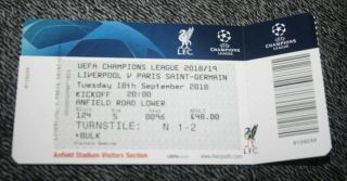 Inused Ticket))  Liverpool Fc V Psg Paris - C1 Champions League 2018/19