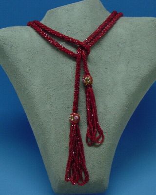 Antique 1920s Flapper Era Red Glass Bead Rope Necklace Tassels & Beads Art Deco