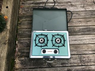 Vintage Magic Chef Double Burner Portable Propane Camp Stove W/case Blue/green
