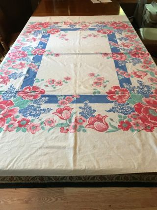 Vintage White Tablecloth With Pink & Green Flowers On Blue Frame