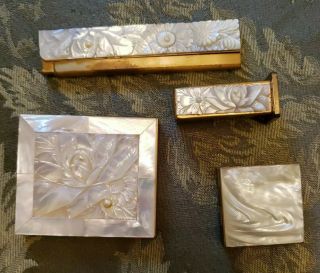Vintage Carved Mother Of Pearl 4 Piece Compact Set,  Comb,  Lipstick,  Pillbox