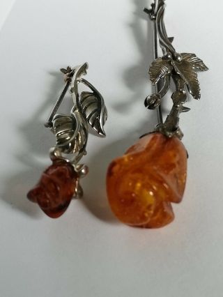 Vintage Brooches Art Nouveau Style 925 Sterling Silver Pretty Baltic Amber Roses