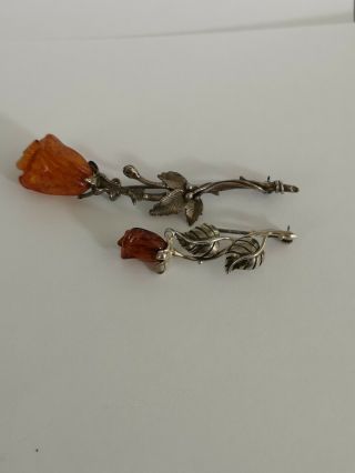 Vintage brooches art nouveau style 925 sterling silver pretty baltic amber roses 2