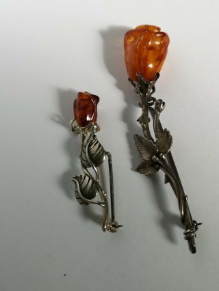 Vintage brooches art nouveau style 925 sterling silver pretty baltic amber roses 3