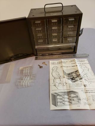 Vintage Akro Mils Metal Storage Locking Box Cabinet 13 Drawer Carrying Handle