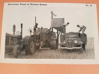 Vintage B & W Photo Harvesting Wheat Western Kansas 30s Truck & Equipment Up