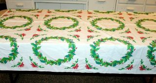 Vintage Printed Christmas Tablecloth With Wreaths And Holly 64 " X50 "