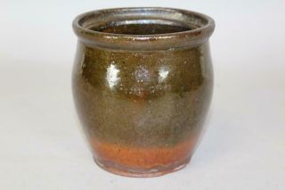 A Rare 19th C Hampshire Redware Preserves Jar In Olive Green & Orange Glaze