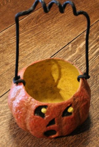 Vintage Halloween Paper Mache Pumpkin Jack - O - Lantern 4 1/2 " Tall W/o Handle
