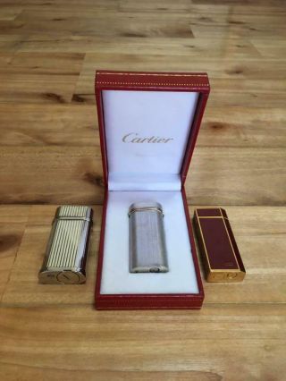 Vintage Cartier Gas Lighter Swiss Made Godron Bordeaux Silver Gold Line 3 Set