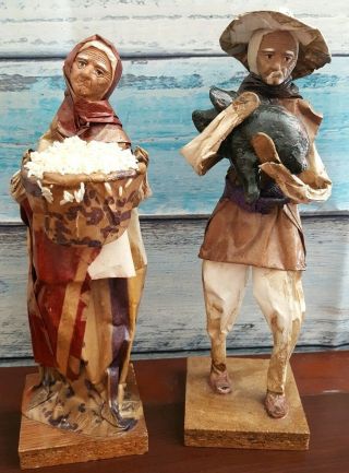 Vtg Mexican Folk Art Paper Mache Man & Woman Peasant Figurines