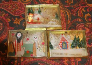 Vintage Christmas Diorama Pictures With Gold Trim,  Set Of 3