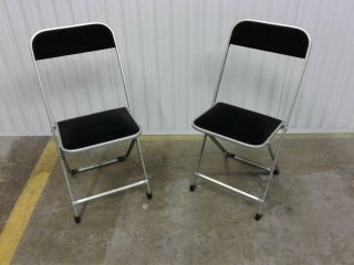 Pair Vintage Mid Century A.  Fritz & Co Metal Folding Chairs Silver W/ Black Velv
