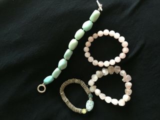 4 Vintage Rose Quartz Bracelets Beads Stretch Toggle Green Pink Stones