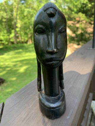 Vintage African Ebony Wood Hand Carved Head Statue Bust Tribe Sculpture 3