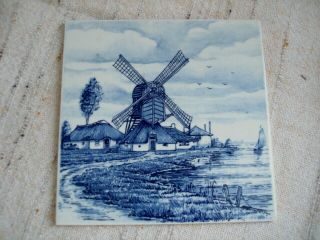 Holland Dutch Blue On White Tile Trivet Wall Hanging 6 " Vintage Art Windmill
