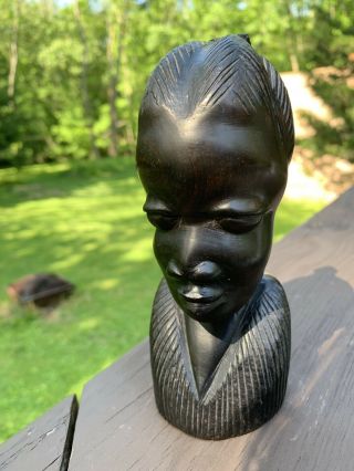 Vintage African Ebony Wood Hand Carved Head Statue Bust Tribe Sculpture 2